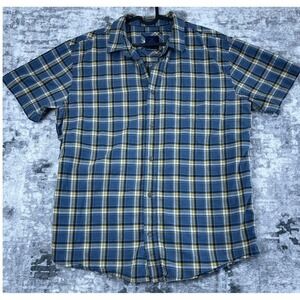 PrAna Organic Cotton‎ Shirt Men's XL Blue Yellow Plaid Short Sleeve Button Down